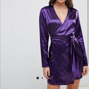 Purple satin wrap mini dress